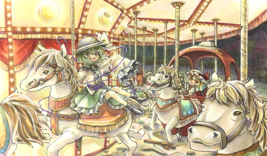 2girls ascot bangs black_headwear blonde_hair bow carousel carriage center_frills collared_shirt commentary_request crystal diamond_(shape) eyeball flandre_scarlet frilled_shirt_collar frilled_skirt frilled_sleeves frills green_eyes green_hair green_skirt hat hat_ribbon highres hisako_(6anmbblfnjueeff) horse komeiji_koishi long_sleeves looking_back medium_hair mob_cap multiple_girls one_side_up open_mouth puffy_short_sleeves puffy_sleeves red_bow red_ribbon red_vest ribbon shirt short_hair short_sleeves sidelocks skirt sleeves_past_fingers sleeves_past_wrists smile third_eye touhou traditional_media vest wavy_hair wide_sleeves wings yellow_neckwear yellow_ribbon yellow_shirt