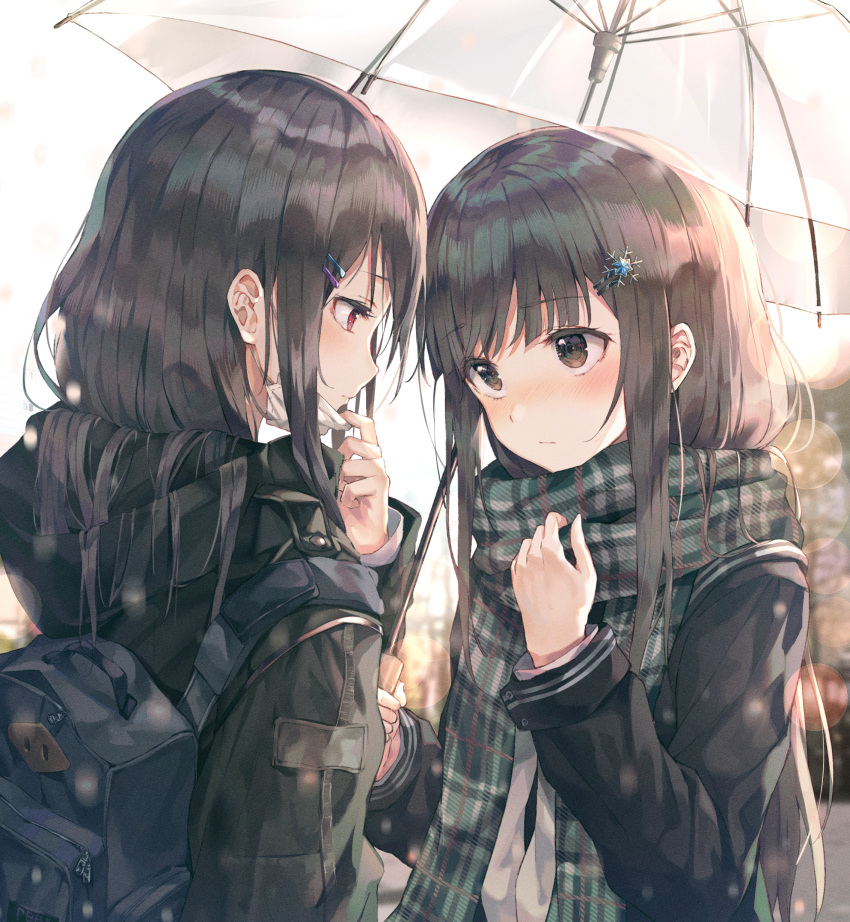 2girls absurdres adjusting_scarf backpack bag bangs black_jacket black_scarf blush brown_eyes brown_jacket commentary enpera eye_contact eyebrows_visible_through_hair green_scarf hair_flowing_over hair_ornament hairclip highres holding holding_umbrella hood hooded_jacket huwari_(dnwls3010) jacket long_hair long_sleeves looking_at_another mask mask_pull mouth_mask multiple_girls original plaid plaid_scarf scarf school_uniform shared_umbrella snowflake_hair_ornament surgical_mask transparent transparent_umbrella umbrella uniform yuri