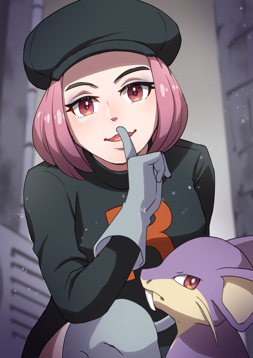 1girl black_headwear black_jacket black_skirt blurry boots commentary_request eyelashes eyeshadow finger_to_mouth gloves grey_eyeshadow grey_footwear grey_gloves hand_up hat he72oh highres index_finger_raised jacket logo looking_at_viewer makeup open_mouth pink_hair pokemon pokemon_(creature) pokemon_(game) pokemon_hgss rattata red_eyes shushing skirt smile team_rocket team_rocket_grunt team_rocket_uniform thigh_boots thighhighs tongue