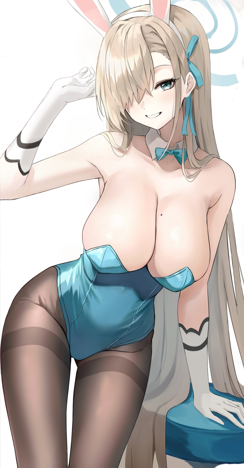 1girl absurdres animal_ears arm_support armpits asuna_(blue_archive) bare_shoulders blue_archive blue_bow blue_bowtie blue_leotard bow bowtie breasts brown_legwear cleavage detached_collar fake_animal_ears gloves hair_over_one_eye highleg highleg_leotard highres j1ho large_breasts leotard light_brown_hair long_hair looking_at_viewer mole mole_on_breast pantyhose playboy_bunny rabbit_ears simple_background smile solo standing strapless strapless_leotard thighband_pantyhose white_background white_gloves