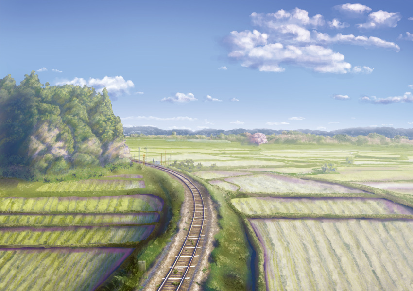 cloud commentary_request day farm forest geshi grass highres hill landscape mountain nature original plant railroad_crossing railroad_tracks rice_paddy rural scenery sky tree