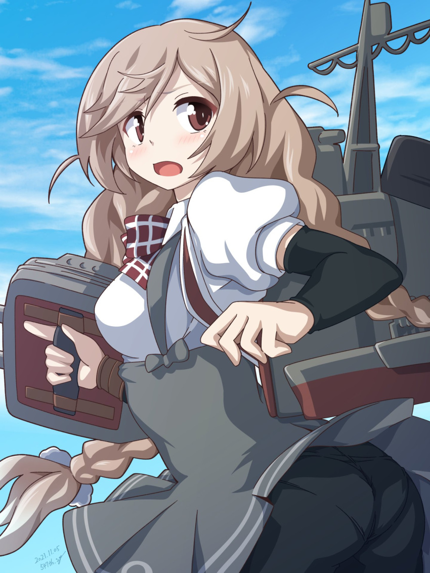 1girl 547th_sy arm_warmers ass blue_sky blush bow bowtie braid breasts brown_eyes cannon cloud cloud_hair_ornament cloudy_sky day eyebrows_visible_through_hair gradient_hair grey_skirt hair_between_eyes highres kantai_collection light_brown_hair long_hair looking_at_viewer looking_to_the_side low_twin_braids medium_breasts minegumo_(kancolle) multicolored_hair open_mouth outdoors panties_under_shorts plaid plaid_bow plaid_bowtie plaid_neckwear pleated_skirt red_bow red_bowtie red_eyes red_neckwear shirt skirt sky smokestack solo suspender_skirt suspenders turret twin_braids upper_body white_shirt