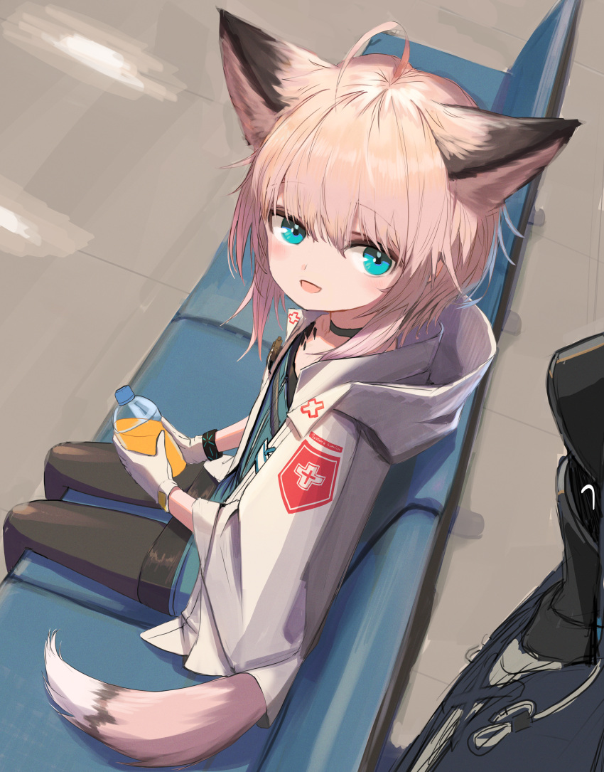 1girl 1other :d ^_^ absurdres ahoge animal_ears arknights black_choker black_legwear black_skirt black_wristband blue_eyes blue_shirt bottle brown_hair choker closed_eyes couch doctor_(arknights) eyebrows_visible_through_hair flat_chest fox_ears fox_girl fox_tail gloves highres holding holding_bottle infection_monitor_(arknights) izumo_(ton_63) jacket looking_at_viewer open_clothes open_jacket pantyhose shirt sitting skirt smile solo_focus sussurro_(arknights) tail white_gloves white_jacket