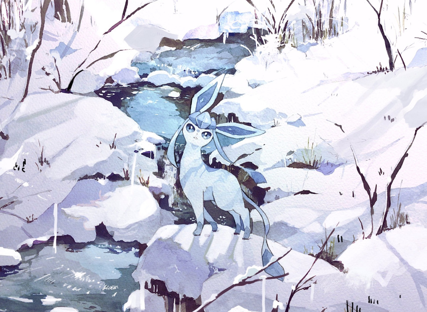 blue_eyes branch glaceon grass highres kamonabe_(kamonabeekon) looking_at_viewer nature no_humans outdoors pokemon pokemon_(creature) snow solo standing stream water
