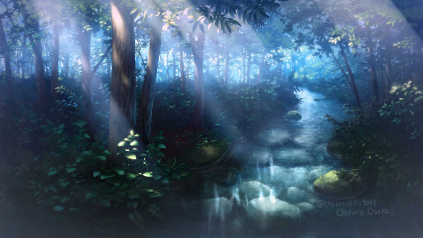 artist_name bush commentary_request forest grass highres landscape moss nature no_humans original osaka_chihiro plant river rock scenery shade sunlight tree twitter_username