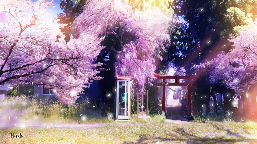 building cherry_blossoms commentary_request geshi grass highres no_humans original path payphone phone phone_booth plant scenery sky spring_(season) statue torii tree window