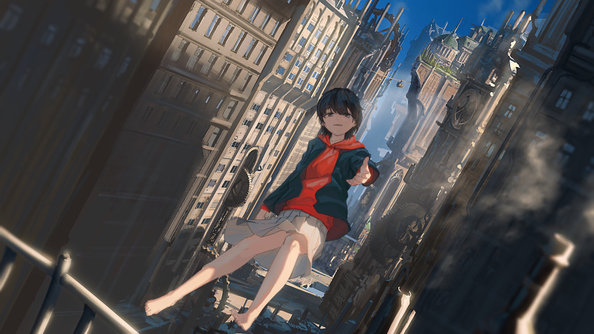 1girl absurdres bare_legs barefoot beckoning black_eyes black_hair blue_jacket bridge city cityscape commentary dutch_angle floating full_body gears highres jacket looking_at_viewer open_mouth original pleated_skirt reaching_out red_shirt river rouzato scenery shirt short_hair skirt sky solo steampunk vocaloid white_skirt