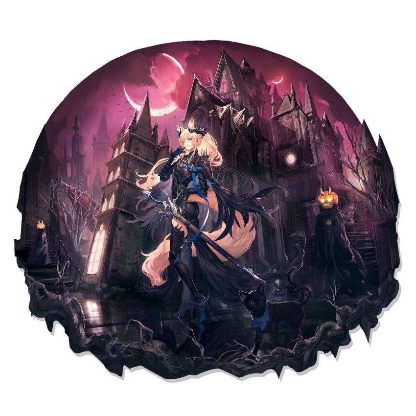 2others 3girls ;) animal_ear_fluff animal_ears arknights armor bangs black_cat black_dress black_footwear black_legwear blemishine_(arknights) blemishine_(moon_catastrborn)_(arknights) blonde_hair breastplate building cat crescent_moon dress hand_up high_heels highres jack-o'-lantern long_hair looking_at_viewer moon multiple_girls multiple_others nearl_(arknights) night night_sky official_art one_eye_closed outdoors ryuuzaki_ichi scabbard shamare_(arknights) shamare_(echo_of_the_horrorlair)_(arknights) sheath sheathed sky smile snowsant_(arknights) snowsant_(fated_hero)_(arknights) sword tail thighhighs transparent_background weapon whislash_(arknights) yellow_eyes
