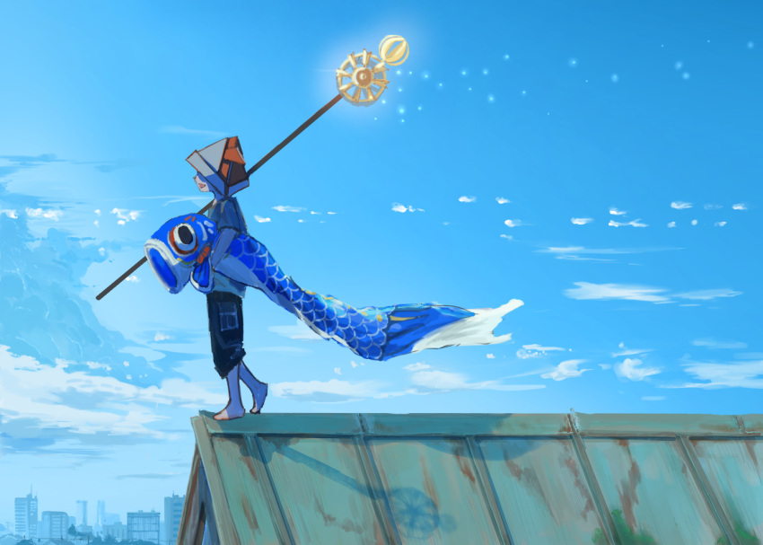 1boy barefoot blue_sky city cityscape cloud commentary_request day holding koinobori original pants paper_hat rooftop santo_moco scenery shirt sky solo staff