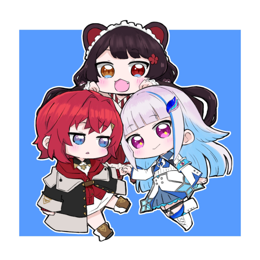 3girls :&lt; :d ange_katrina animal_ears armband bangs black_footwear black_hair black_jacket blue_background blue_eyes blue_hair blue_legwear blue_skirt blush boots brown_eyes brown_footwear chibi closed_mouth commentary_request cross-laced_footwear dog_ears dog_hair_ornament eyebrows_visible_through_hair fang flower hair_flower hair_intakes hair_ornament hairclip heterochromia highres hitomiz inui_toko jacket knee_boots lace-up_boots lize_helesta long_hair long_sleeves looking_at_viewer low_twintails maid_headdress multicolored_hair multiple_girls nijisanji off_shoulder outline parted_lips pink_hair pleated_skirt purple_eyes red_eyes red_flower red_hair red_jacket red_skirt shirt skirt smile sparkling_eyes thighhighs thighhighs_under_boots triangle_mouth twintails two-tone_background two-tone_hair very_long_hair virtual_youtuber white_background white_footwear white_jacket white_outline white_shirt