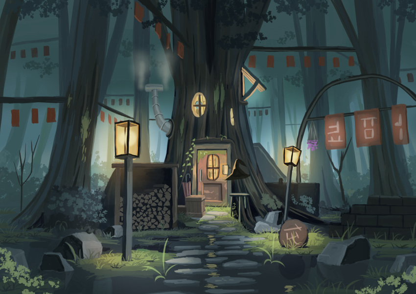 absurdres ame246 grass highres lantern nature night no_humans original outdoors scenery stone_walkway tree treehouse window