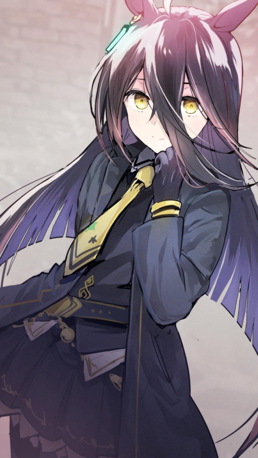 1girl absurdres animal_ears bangs black_hair black_jacket black_legwear black_shirt black_skirt brick_wall closed_mouth collared_shirt commentary_request eyebrows_visible_through_hair hair_between_eyes highres horse_ears jacket long_hair looking_at_viewer manhattan_cafe_(umamusume) necktie open_clothes open_jacket pantyhose pleated_skirt print_necktie shirt skirt smile solo star_(symbol) star_print striped_necktie tomozero umamusume very_long_hair yellow_eyes yellow_necktie