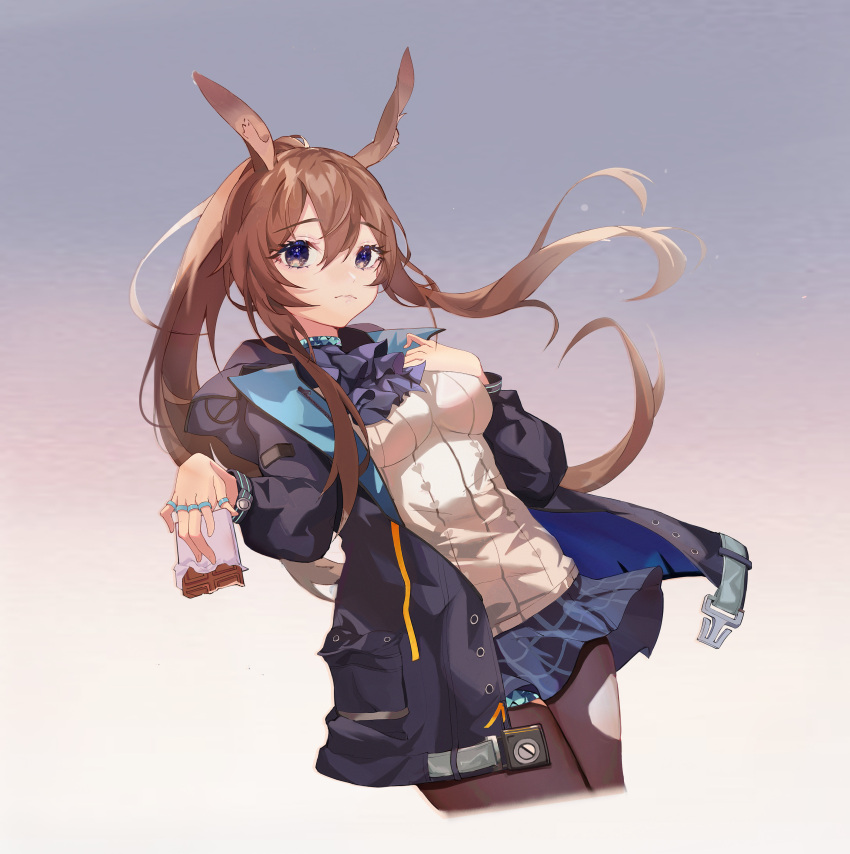 1girl absurdres amiya_(arknights) animal_ears arknights ascot black_jacket black_legwear blue_ascot blue_background blue_collar blue_eyes blue_skirt breasts candy chocolate chocolate_bar collar cropped_legs eli786250862 eyebrows_visible_through_hair food gradient gradient_background hair_between_eyes hand_on_own_chest highres holding holding_chocolate holding_food jacket jewelry long_hair looking_at_viewer medium_breasts open_clothes open_jacket pantyhose plaid plaid_skirt ponytail rabbit_ears rabbit_girl ring shirt simple_background skirt solo thigh_strap very_long_hair white_background white_shirt