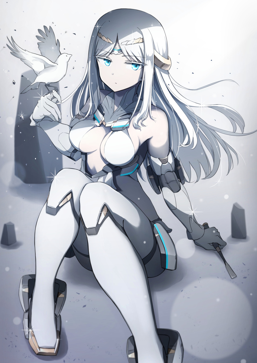 1girl absurdres bangs bare_shoulders bikini bird blue_eyes breasts cleavage dove elbow_gloves fate/grand_order fate_(series) galatea_(fate) gloves halter_top halterneck highres joints long_hair looking_at_viewer medium_breasts pale_skin parted_bangs robot_joints sitting swimsuit thighhighs tiara white_bikini white_gloves white_hair white_legwear yuniyuni