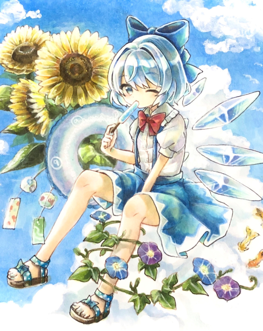 1girl bangs blue_bow blue_eyes blue_hair blue_skirt bow cirno cirno_day cloud collared_shirt commentary eating flat_chest flower food footwear_bow hair_bow highres hisako_(6anmbblfnjueeff) ice ice_wings innertube leaf miniskirt neck_ribbon number_print one_eye_closed plant popsicle red_neckwear ribbon sandals shirt short_hair skirt sky solo sunflower suspender_skirt suspenders touhou traditional_media vines white_shirt wings