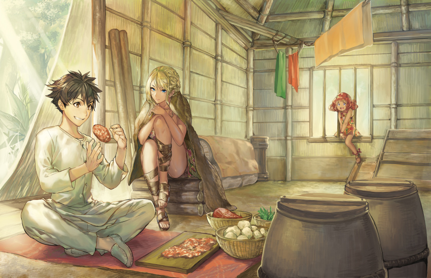 1boy 2girls ai_fa bangs bare_arms bare_shoulders blonde_hair blue_eyes braid character_request child closed_mouth cover_image day eyebrows_behind_hair food highres indoors isekai_ryouridou kochimo leg_up long_hair looking_at_another meat multiple_girls novel_illustration official_art open_mouth photoshop_(medium) red_hair sandals second-party_source sitting sunlight textless thighs toes tree tsurumi_asuta window