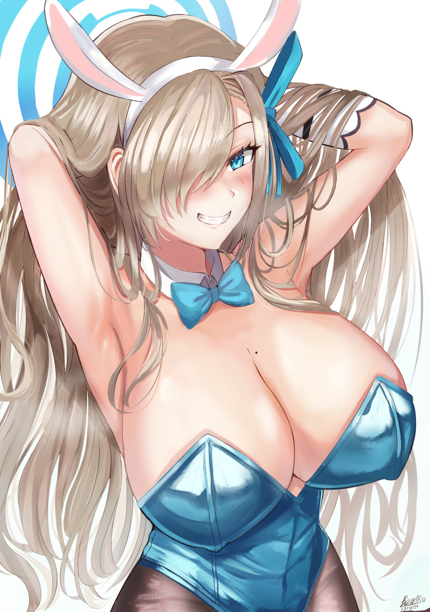1girl absurdres animal_ears arm_up armpits asuna_(blue_archive) bangs benz blonde_hair blue_archive blue_bow blue_bowtie blue_eyes blue_leotard blush bow bowtie breasts cleavage commentary dated detached_collar english_commentary eyebrows_visible_through_hair fake_animal_ears hair_over_one_eye hairband highres huge_breasts leotard long_hair looking_at_viewer mixed-language_commentary mole mole_on_breast pantyhose parted_lips playboy_bunny rabbit_ears shiny shiny_clothes shiny_hair shiny_skin sidelocks signature smile solo strapless strapless_leotard teeth upper_body