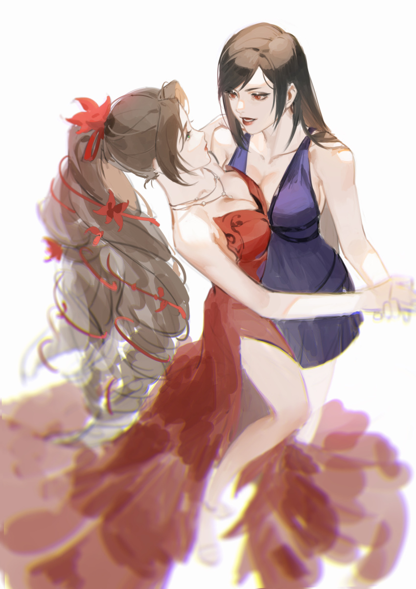 2girls absurdres aerith_gainsborough anklet bangs bare_shoulders black_hair blue_dress blurry breasts brown_hair chinese_commentary cleavage collarbone commentary_request dancing dress drill_hair eye_contact eyeshadow final_fantasy final_fantasy_vii final_fantasy_vii_remake flower from_above full_body gown green_eyes hair_flower hair_ornament hair_ribbon hand_on_another's_shoulder highres holding_hands jewelry long_hair looking_at_another makeup multiple_girls necklace open_mouth red_dress red_eyes ribbon shuangbatian simple_background sketch split_ponytail swept_bangs tifa_lockhart twin_drills white_background yuri