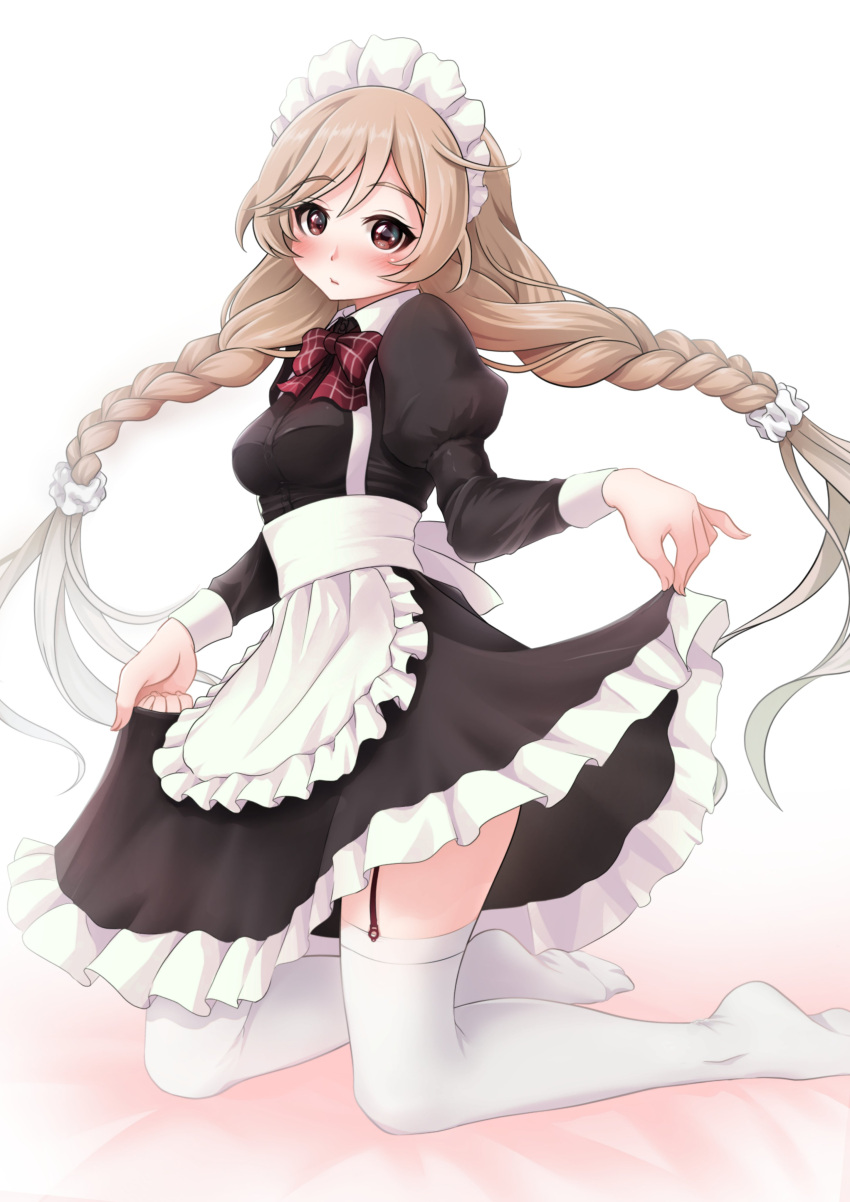 1girl absurdres alternate_costume apron black_dress bow bowtie braid clothes_lift cloud_hair_ornament dress dress_lift enmaided frilled_apron frills garter_straps gradient_hair highres kantai_collection kneeling light_brown_hair long_hair looking_at_viewer maid maid_headdress makura_(user_jpmm5733) minegumo_(kancolle) multicolored_hair plaid_neckwear red_bow red_bowtie red_eyes solo thighhighs twin_braids waist_apron white_apron white_legwear