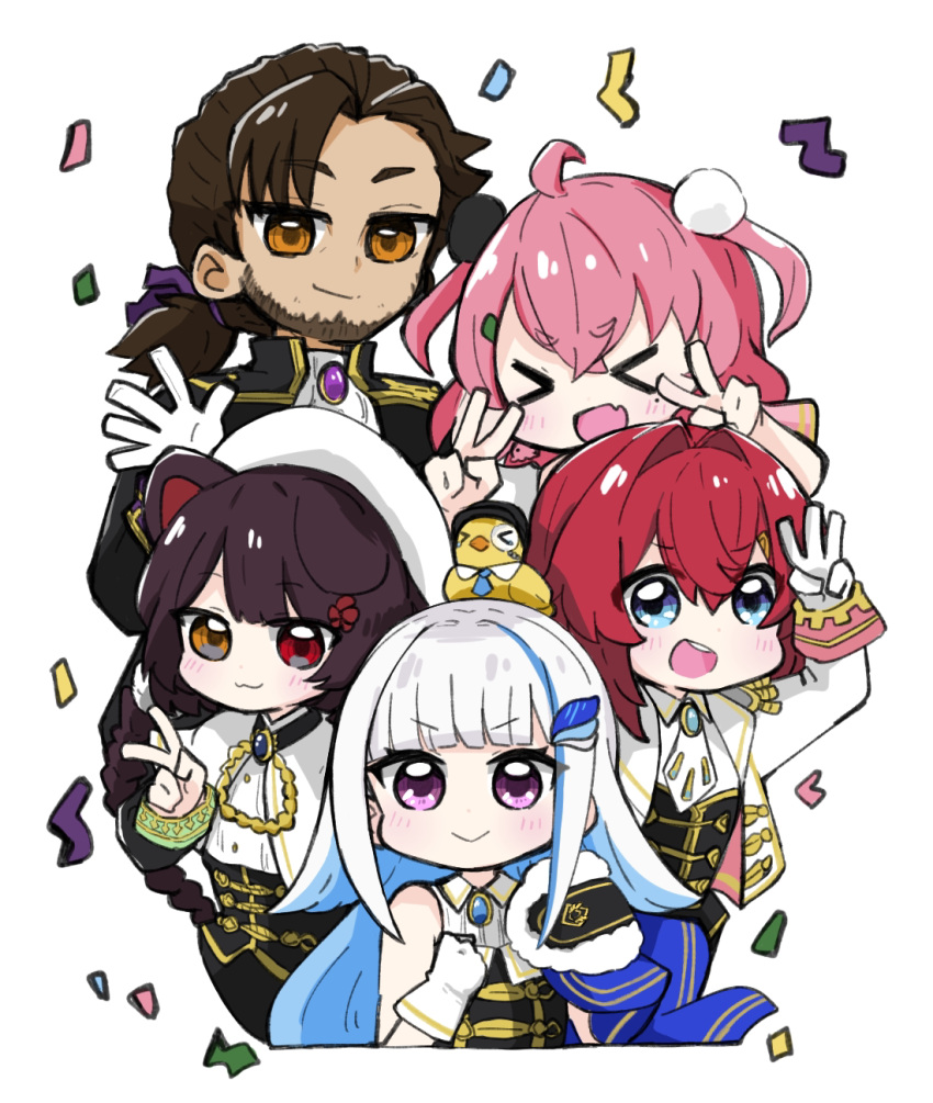 &gt;_&lt; 1boy 4girls :d ange_katrina arm_up ascot bangs bare_shoulders beard belmond_banderas black_dress blue_eyes blue_hair blunt_bangs braid brooch brown_eyes brown_hair chibi closed_eyes collared_shirt commentary_request confetti dress earrings eyebrows_visible_through_hair facial_hair gloves hair_between_eyes hair_ornament hairclip heterochromia highres hitomiz inui_toko jacket jewelry lize_helesta long_hair low_ponytail mole mole_under_eye multicolored_hair multiple_girls nijisanji open_clothes open_jacket pink_hair ponytail purple_eyes red_eyes red_hair sasaki_saku sebastian_piyodore shirt short_eyebrows silver_hair simple_background sleeveless sleeveless_shirt smile teeth thick_eyebrows two-tone_hair two_side_up upper_teeth v v-shaped_eyebrows very_long_hair virtual_youtuber w white_ascot white_background white_gloves white_jacket white_shirt xd