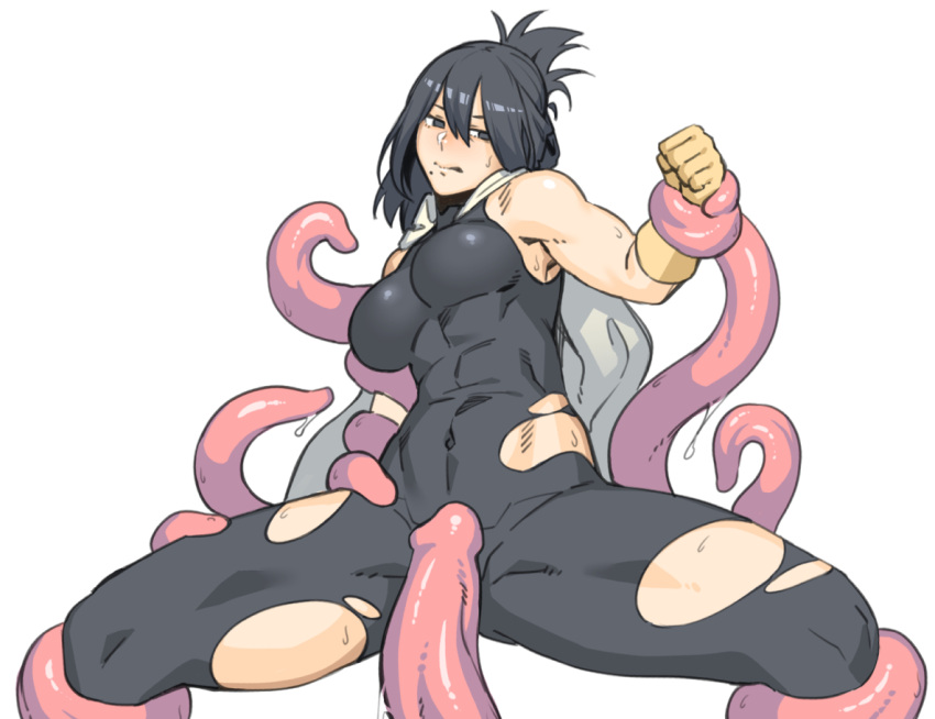 1girl black_hair bodysuit boku_no_hero_academia bound bound_legs bound_wrists breasts commentary_request covered_navel dyun feet_out_of_frame gloves hair_between_eyes large_breasts mole mole_under_mouth penis_tentacles shimura_nana simple_background solo spread_legs sweat tentacles toned torn_clothes white_background