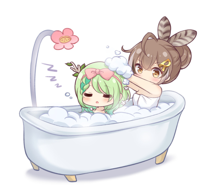 2girls :o bangs bare_arms bare_shoulders bath bathing bathtub black_hair blush bow braid branch brown_eyes brown_hair ceres_fauna claw_foot_bathtub closed_eyes commentary eyebrows_visible_through_hair feather_hair_ornament feathers flower green_hair grey_hair hair_between_eyes hair_bow hair_bun hair_ornament hair_up hairband hololive hololive_english multicolored_hair multiple_girls naked_towel nanashi_mumei nikoo outstretched_arms parted_lips pink_bow pink_flower pink_hairband shadow sleeping soap_bubbles streaked_hair symbol-only_commentary towel two-tone_hair v-shaped_eyebrows virtual_youtuber washing_another white_background zzz