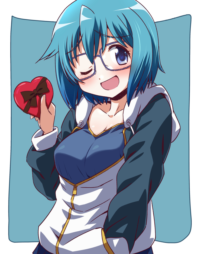 1girl ;d bangs blue-framed_eyewear blue_eyes blue_hair blue_hoodie bob_cut box commentary drawstring gift glasses hand_in_pocket heart heart-shaped_box highres holding holding_gift hood hood_down hoodie inoue_kouji long_sleeves looking_at_viewer mahou_shoujo_madoka_magica miki_sayaka obligation_chocolate older one_eye_closed open_mouth outside_border partially_unzipped smile solo standing textless valentine