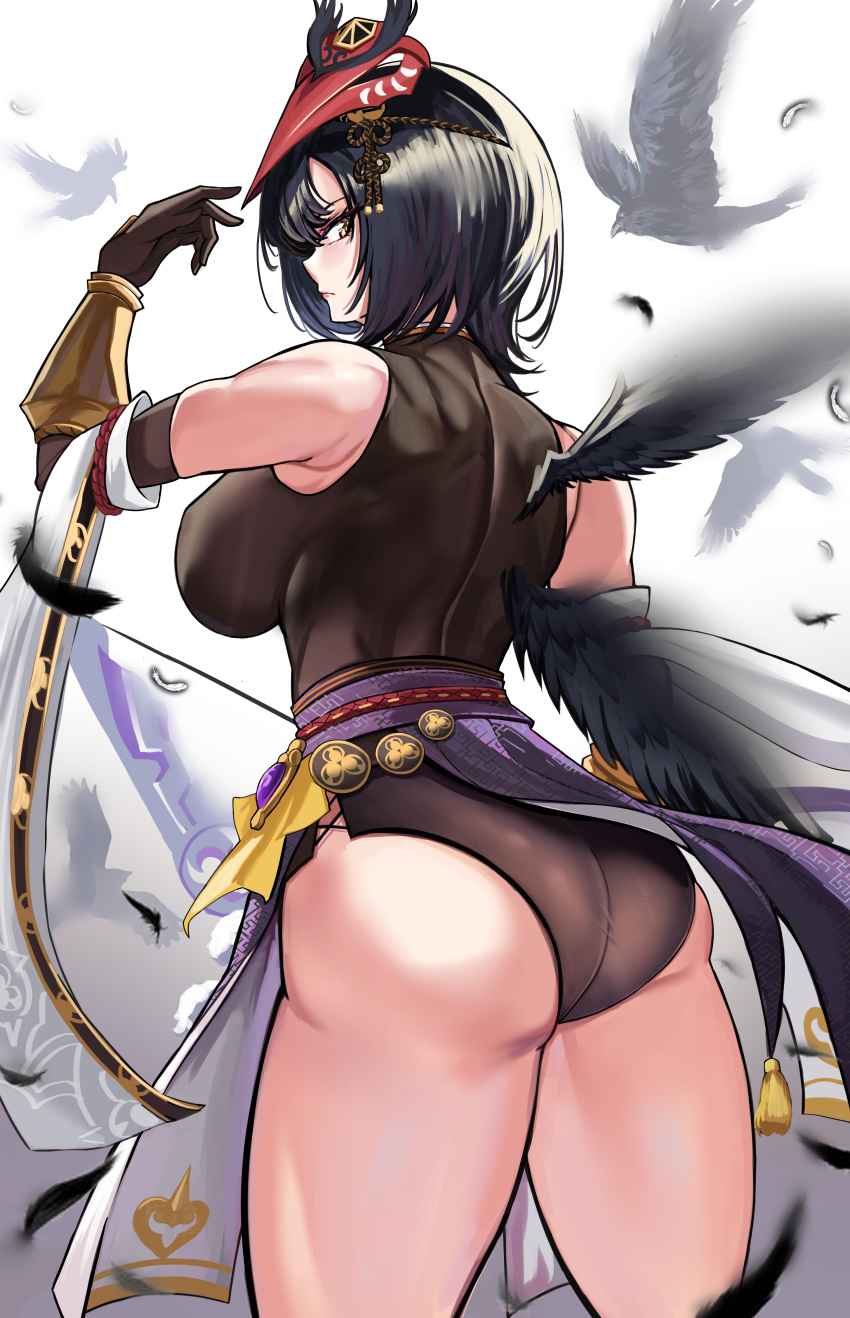 1girl absurdres ass back bird black_hair bodysuit breasts brown_bodysuit brown_gloves commentary_request crow from_behind genshin_impact gloves highres kujou_sara large_breasts looking_at_viewer looking_back loooyd mask mask_on_head short_hair simple_background tengu_mask thighs white_background yellow_eyes