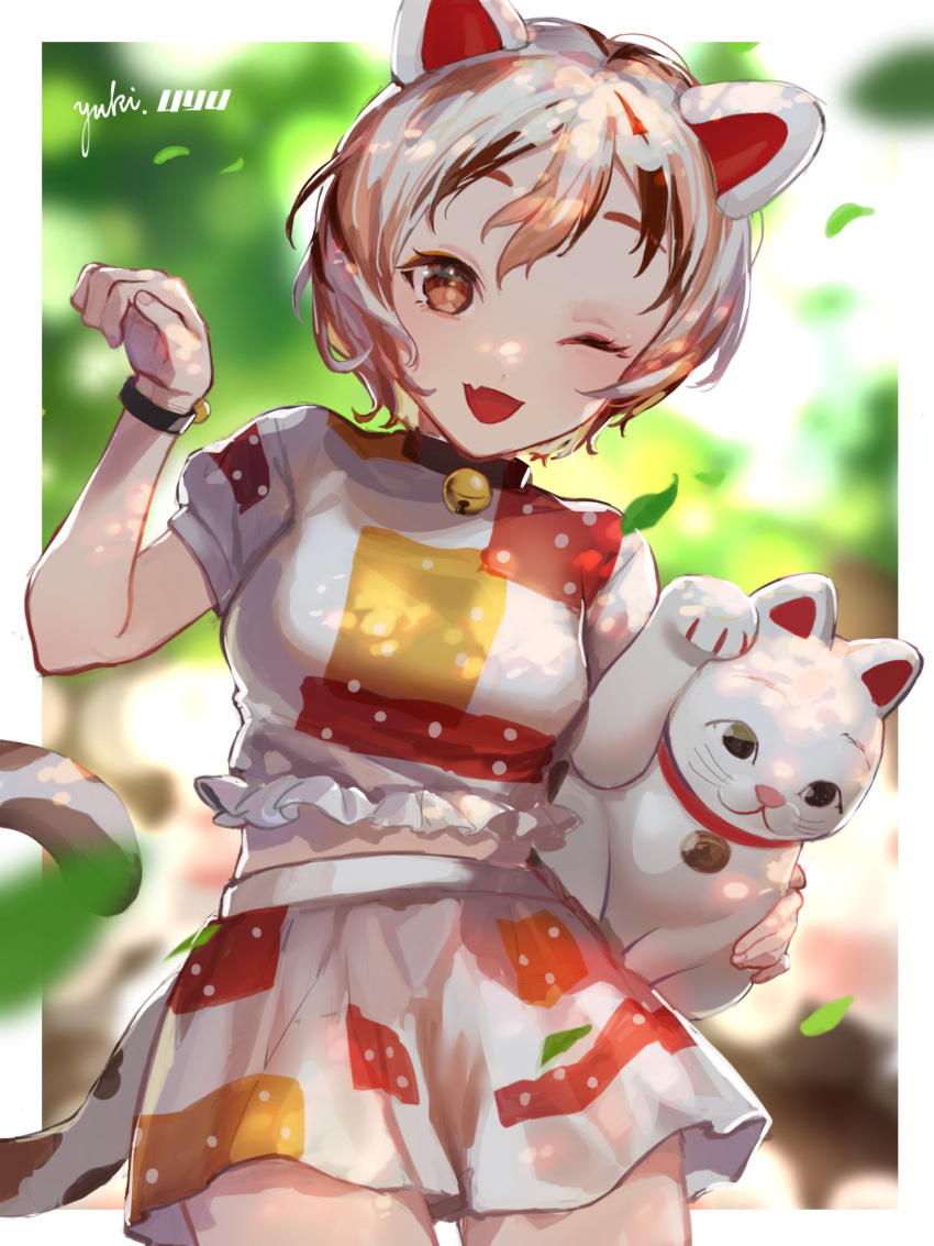 1girl animal_ears bangs bell breasts calico cat_ears cat_girl cat_tail crop_top fang goutokuji_mike highres jingle_bell maneki-neko medium_breasts medium_skirt midriff multicolored_clothes multicolored_hair multicolored_shirt multicolored_skirt multicolored_tail neck_bell open_mouth orange_eyes outdoors patches patchwork_clothes paw_pose short_hair skirt streaked_hair tail touhou white_hair yananana