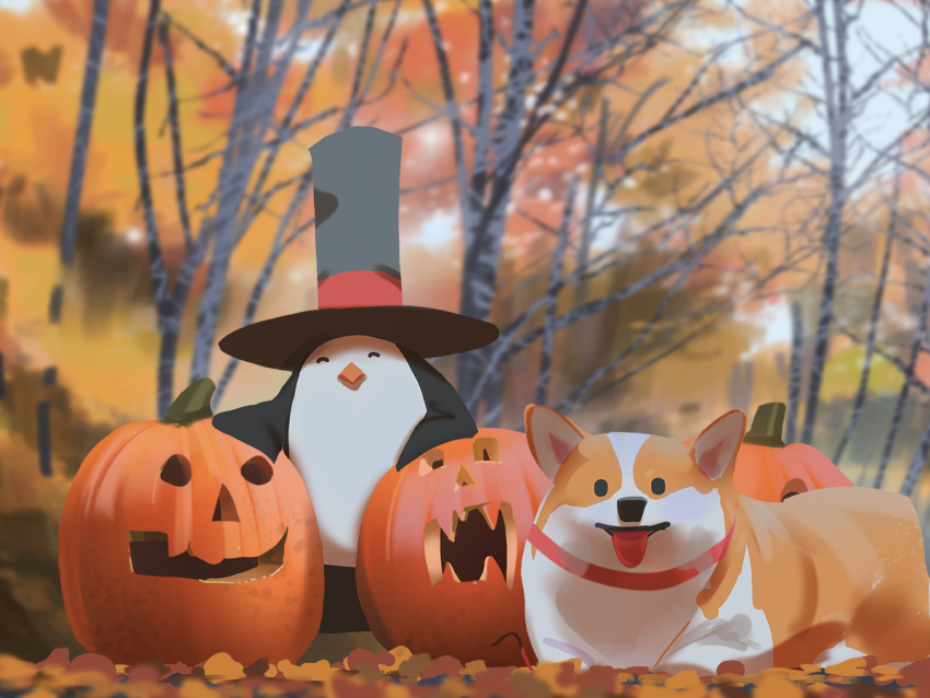 animal animal_focus autumn autumn_leaves bird dog hat no_humans original outdoors painting penguin pumpkin snatti top_hat tree two-tone_fur welsh_corgi