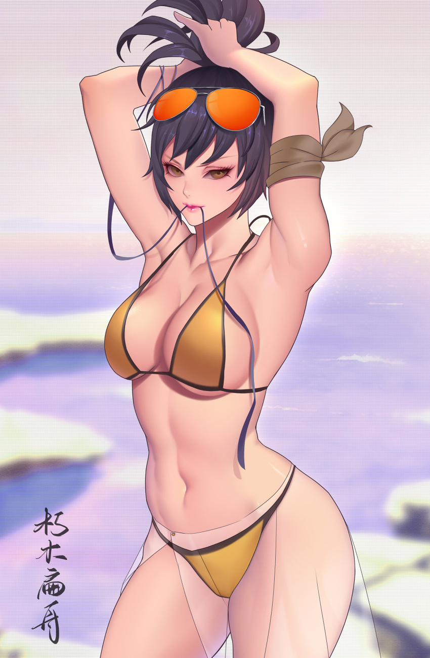 1girl abs absurdres adjusting_hair armpits arms_up bandaged_arm bandages beach bikini breasts cleavage eyewear_on_head highres lipstick looking_at_viewer makeup mitarashi_anko naruto naruto_(series) naruto_shippuuden navel outdoors pink_lips pose purple_hair see-through sideboob solo standing sunglasses swimsuit tied_hair xiumu_bianzhou yellow_bikini