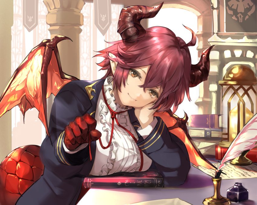 1girl ahoge architecture bangs banner blue_jacket book breast_press breasts center_frills commentary_request dragon_girl dragon_tail frills granblue_fantasy grea_(shingeki_no_bahamut) hand_on_own_cheek hand_on_own_face head_tilt highres holding holding_ribbon horns inkwell jacket large_breasts long_sleeves looking_at_viewer neck_ribbon nos paper pillar pointy_ears quill red_hair red_ribbon ribbon shingeki_no_bahamut shirt short_hair smile solo table tail white_shirt wings yellow_eyes