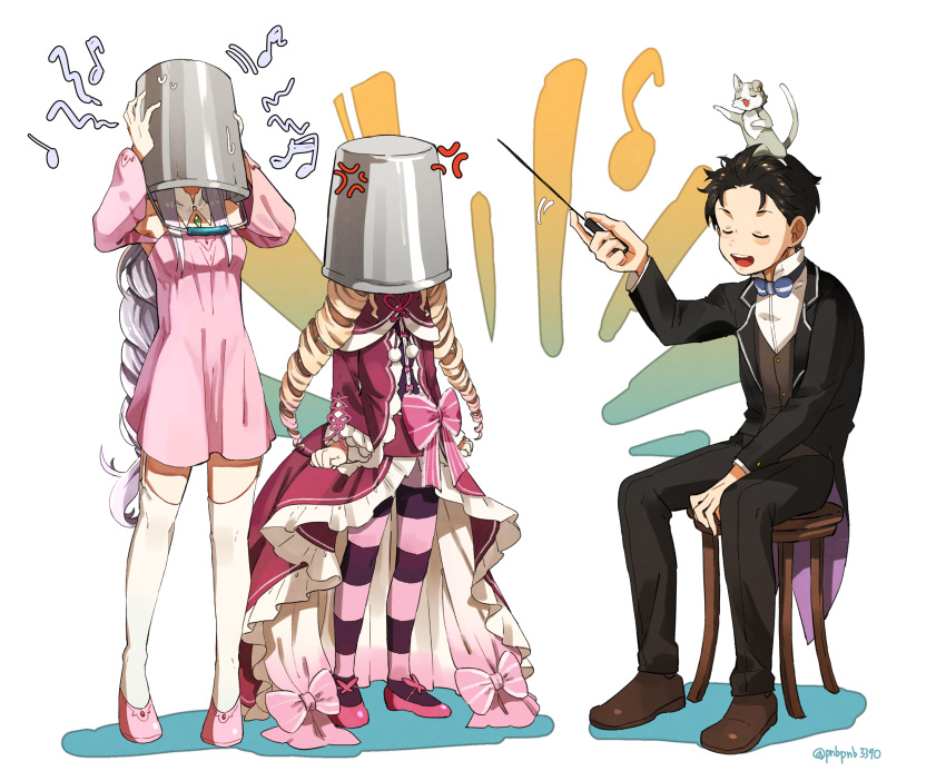 1boy 2girls bangsutur baton_(conducting) beatrice_(re:zero) black_hair blonde_hair braid bucket bucket_on_head butler dress drill_hair emilia_(re:zero) frilled_dress frills hair_slicked_back highres long_hair multiple_girls music musical_note natsuki_subaru object_on_head puck_(re:zero) re:zero_kara_hajimeru_isekai_seikatsu ribbon singing single_braid sitting twin_drills