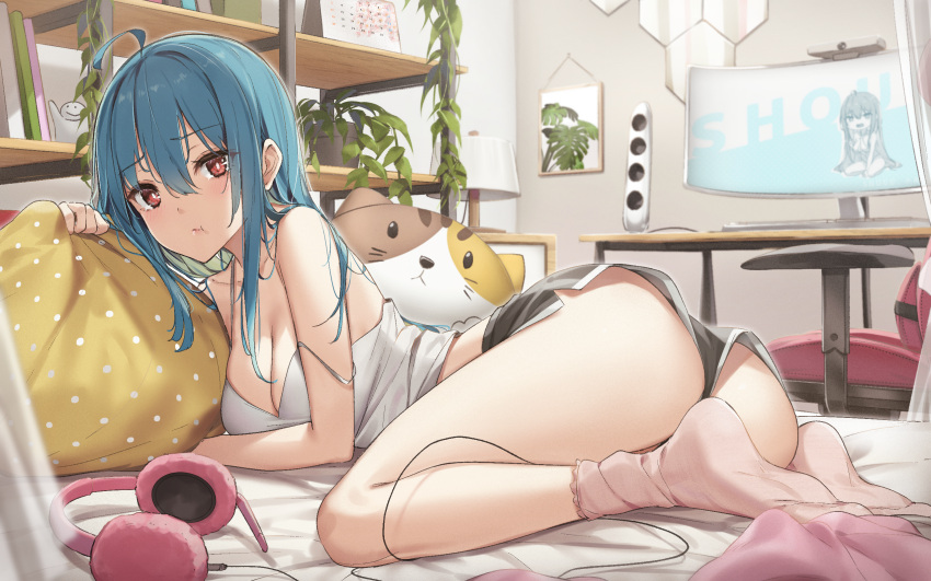 1girl :t ahoge aqua_hair ass bed black_shorts breasts calendar_(object) cat_pillow chair cleavage computer eyebrows_visible_through_hair hair_between_eyes headphones headphones_removed highres lamp large_breasts long_hair looking_at_viewer lying monitor no_shoes off_shoulder office_chair on_bed on_stomach original pillow plant polka_dot pout red_eyes shelf shirt shorts sidelocks socks solo speaker strap_slip wet.elephant white_shirt