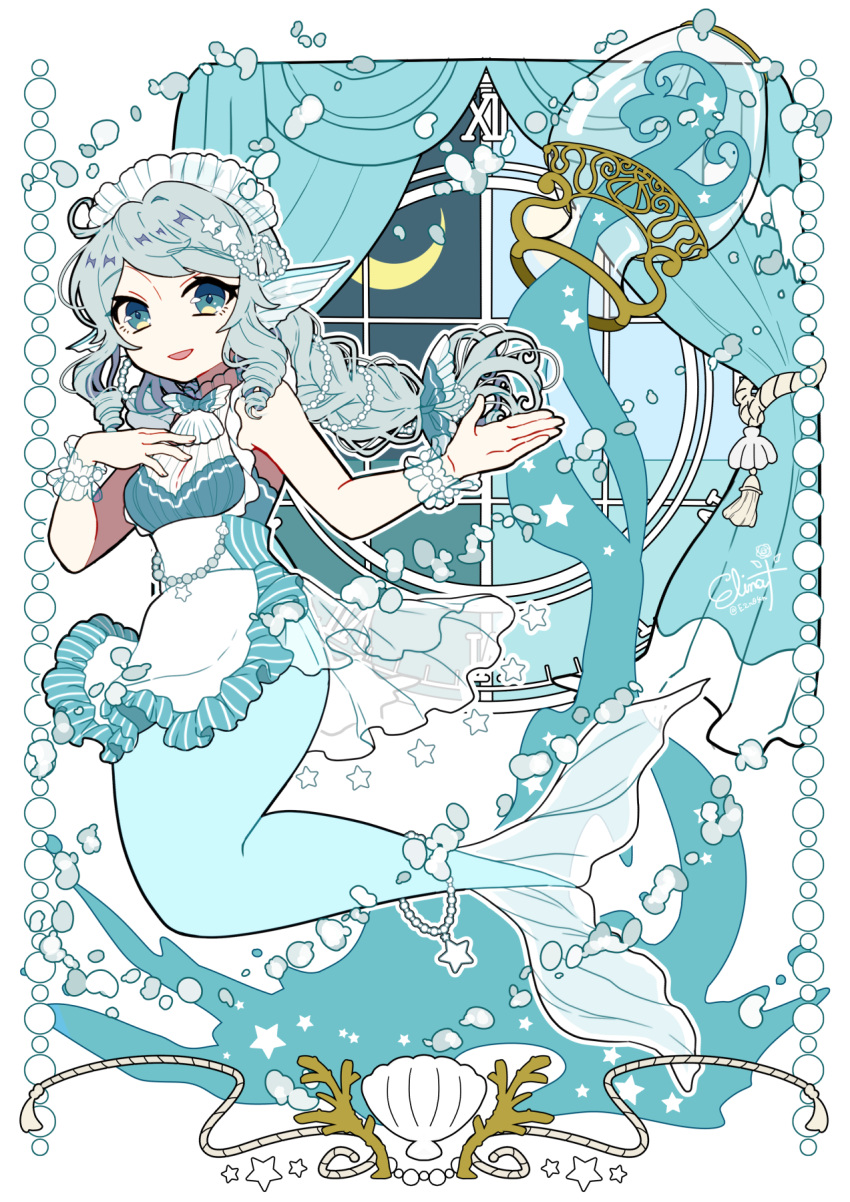 1girl alternate_costume apron aqua_eyes aqua_hair aqua_theme aquarius bangs breasts clam_shell crescent_moon dress drill_hair enmaided eyebrows_visible_through_hair frills head_fins highres jar long_hair looking_at_viewer maid maid_day maid_headdress mermaid monster_girl moon murasaki_daidai_etsuo original smile solo twin_drills water white_apron