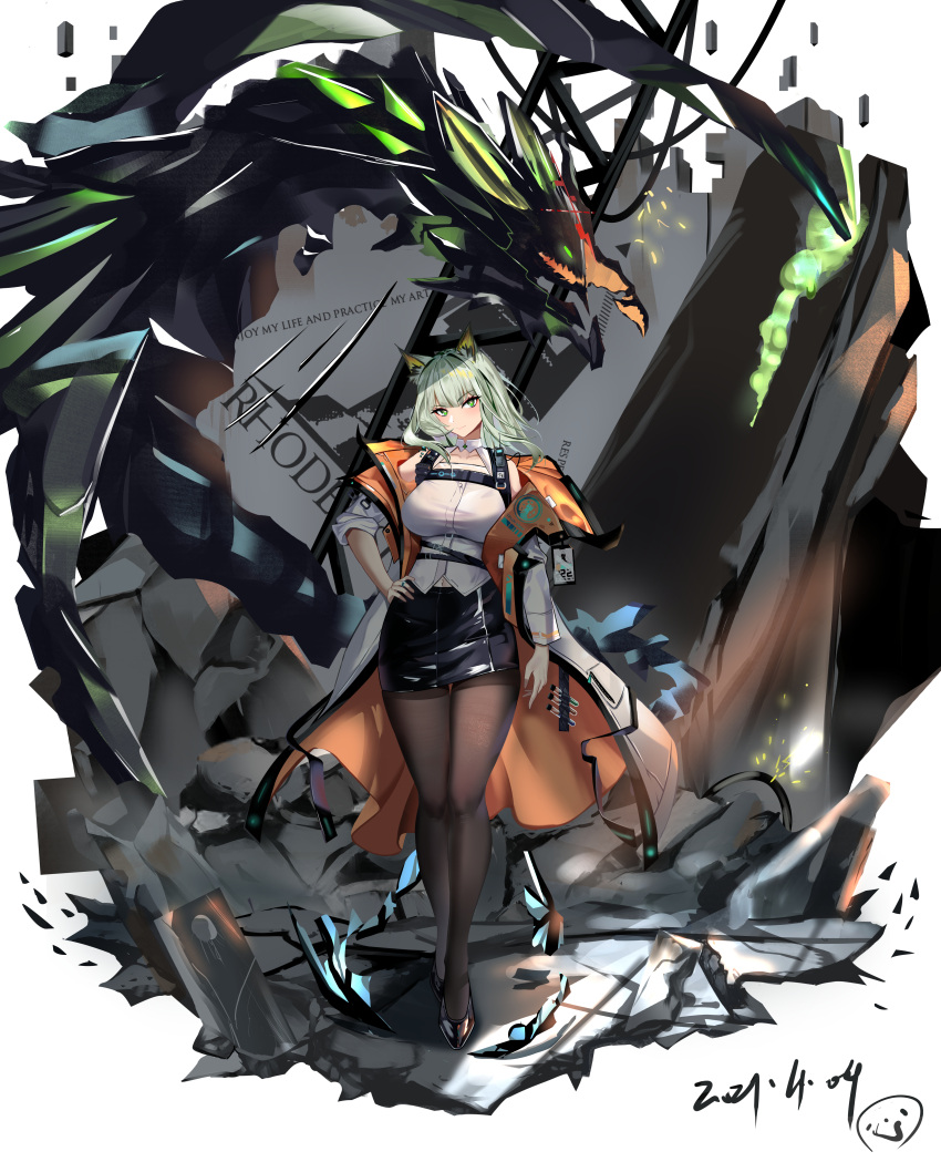 1girl absurdres animal_ear_fluff animal_ears arknights arm_at_side bangs bare_shoulders black_footwear black_legwear black_skirt blush breasts cat_ears closed_mouth coat collarbone dated english_text eyebrows_visible_through_hair full_body green_eyes green_hair hand_on_hip high_heels highres kal'tsit_(arknights) large_breasts long_hair long_sleeves looking_at_viewer miniskirt mon3tr_(arknights) monster navel off_shoulder open_clothes open_coat oripathy_lesion_(arknights) pencil_skirt rock sabou_san-shitsu_kokoro shirt signature skirt smile solo standing test_tube thigh_gap white_coat white_shirt