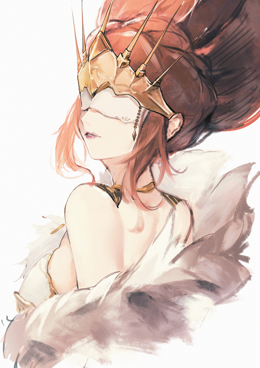 1girl breasts brown_hair character_request eye_mask fanshu highres long_hair looking_back mask medium_breasts octopath_traveler simple_background solo white_background