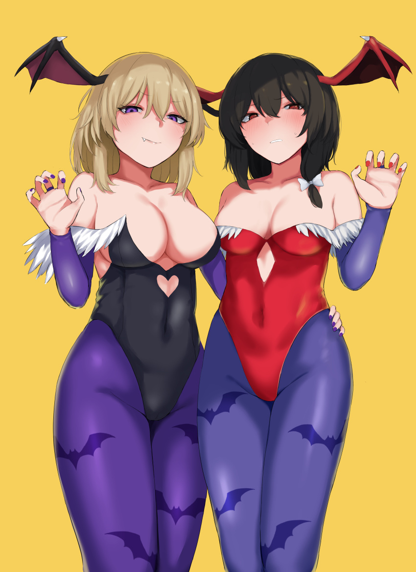 2girls absurdres alternate_costume animal_print arm_up bangs bat_print black_nails blonde_hair blush breasts bridal_gauntlets brown_eyes brown_hair cleavage clothing_cutout collarbone commentary_request cosplay covered_navel eyebrows_visible_through_hair fang fang_out fingernails fur_trim hair_between_eyes hair_ribbon hand_on_another's_waist head_wings highres ikeda_yamada jewelry large_breasts leotard lilith_aensland lilith_aensland_(cosplay) lips looking_at_viewer maribel_hearn morrigan_aensland morrigan_aensland_(cosplay) multiple_girls nail_polish pantyhose purple_legwear red_nails ribbon ring short_hair simple_background smile smug standing sweatdrop thick_thighs thighs touhou tress_ribbon upper_body usami_renko vampire_(game) yellow_background