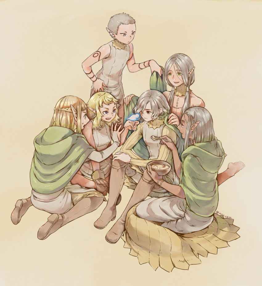 2boys 4girls arm_tattoo bangs bare_shoulders barefoot bird bird_on_hand blonde_hair boots bowl bracelet braid bridal_gauntlets cithis cloak dark-skinned_female dark_skin dressing_another dungeon_meshi elf feeding fleki food giving gloves gorget grey_hair half_updo highres holding holding_bowl holding_spoon hood hood_down hooded_cloak jack_(haist) jewelry knee_boots knees_up long_hair long_sleeves lycion mithrun multiple_boys multiple_girls notched_ear otta_(dungeon_meshi) pattadol pointy_ears robe short_hair single_glove sitting sleeveless smile soup spoon standing swept_bangs tattoo topless_male twintails uniform wariza yellow_background