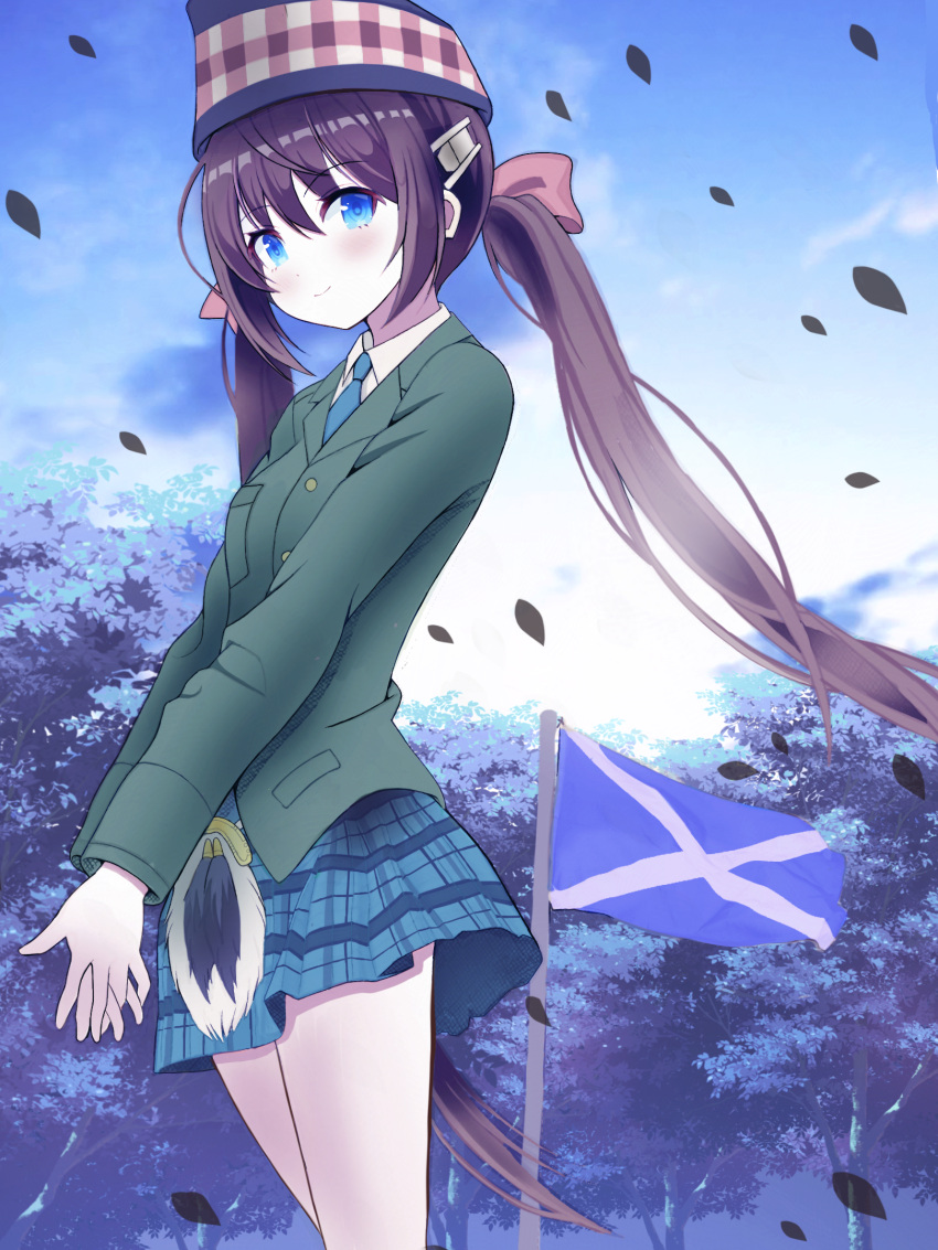 1girl azur_lane blue_eyes blue_neckwear brown_hair commentary_request flag glasgow_(azur_lane) green_shirt hair_ornament highres interlocked_fingers leaves_in_wind long_hair long_sleeves md5_mismatch mikoko1 necktie outdoors own_hands_together plaid plaid_headwear plaid_skirt pleated_skirt scottish_flag shirt skirt standing twintails very_long_hair