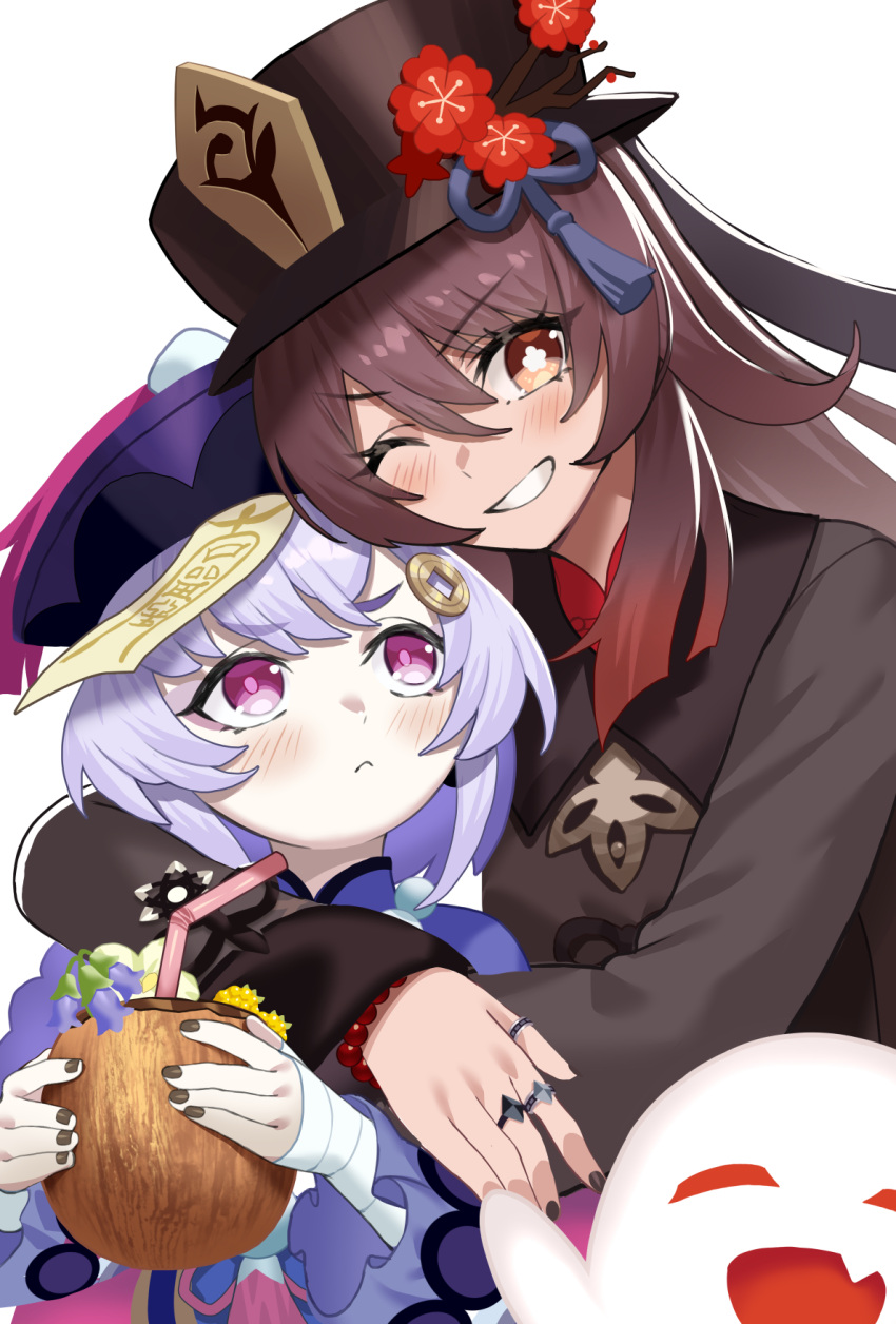 2girls ;d ^_^ bandaged_arm bandages bead_bracelet bead_necklace beads beppu_mitsunaka black_headwear black_nails blush bracelet brown_hair closed_eyes coconut drink drinking_straw fang flower frown fruit_cup genshin_impact ghost hair_ornament happy hat highres hu_tao_(genshin_impact) hug jewelry jiangshi long_sleeves looking_at_viewer multiple_girls nail_polish necklace one_eye_closed plum_blossoms qiqi_(genshin_impact) ring smile symbol-shaped_pupils talisman top_hat