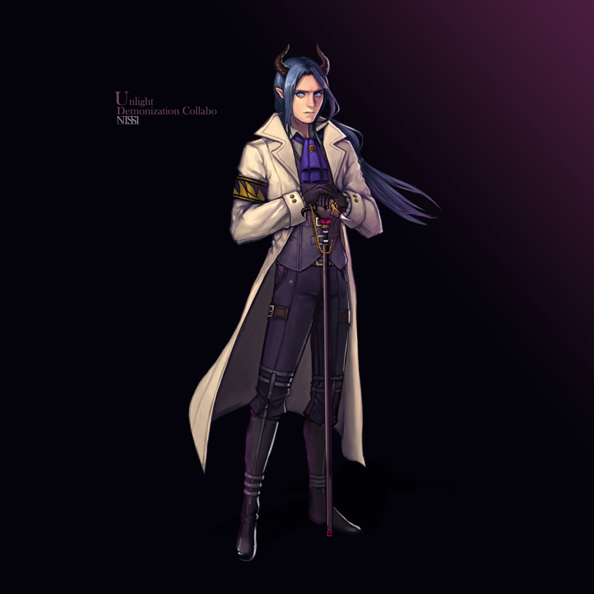1boy armband artist_name ascot black_footwear black_gloves black_pants blue_eyes blue_hair blue_neckwear brooch cane collaboration copyright_name full_body gloves gradient gradient_background highres horns jewelry long_hair long_sleeves looking_at_viewer low-tied_long_hair male_focus n-i-s-s-i own_hands_together pants pointy_ears solo unlight vest walken_(unlight)