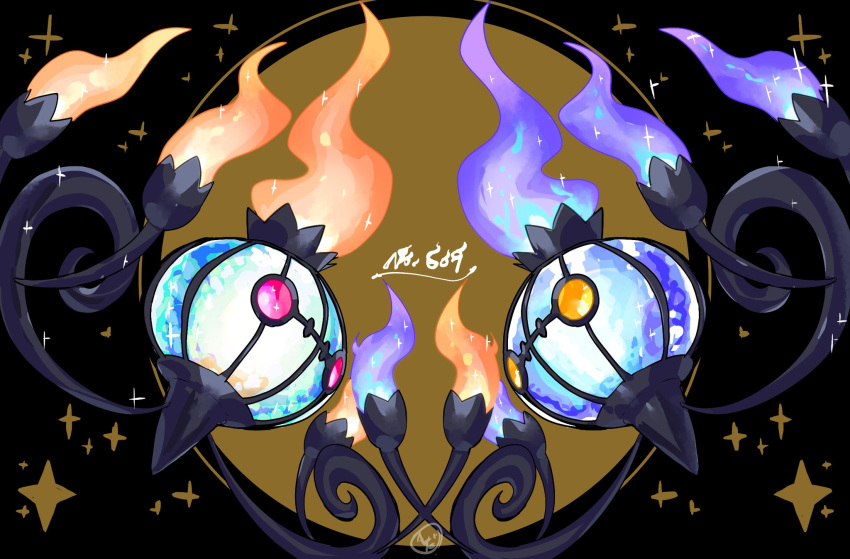 alternate_color chandelure commentary_request eye_contact fire highres kamota_(momokomati) looking_at_another no_humans pokedex_number pokemon pokemon_(creature) purple_fire shiny_pokemon sparkle yellow_eyes