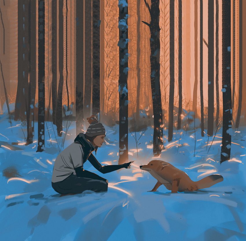 1girl beanie dappled_sunlight forest fox hat nature original outdoors painting snatti snow sunlight tree winter winter_clothes