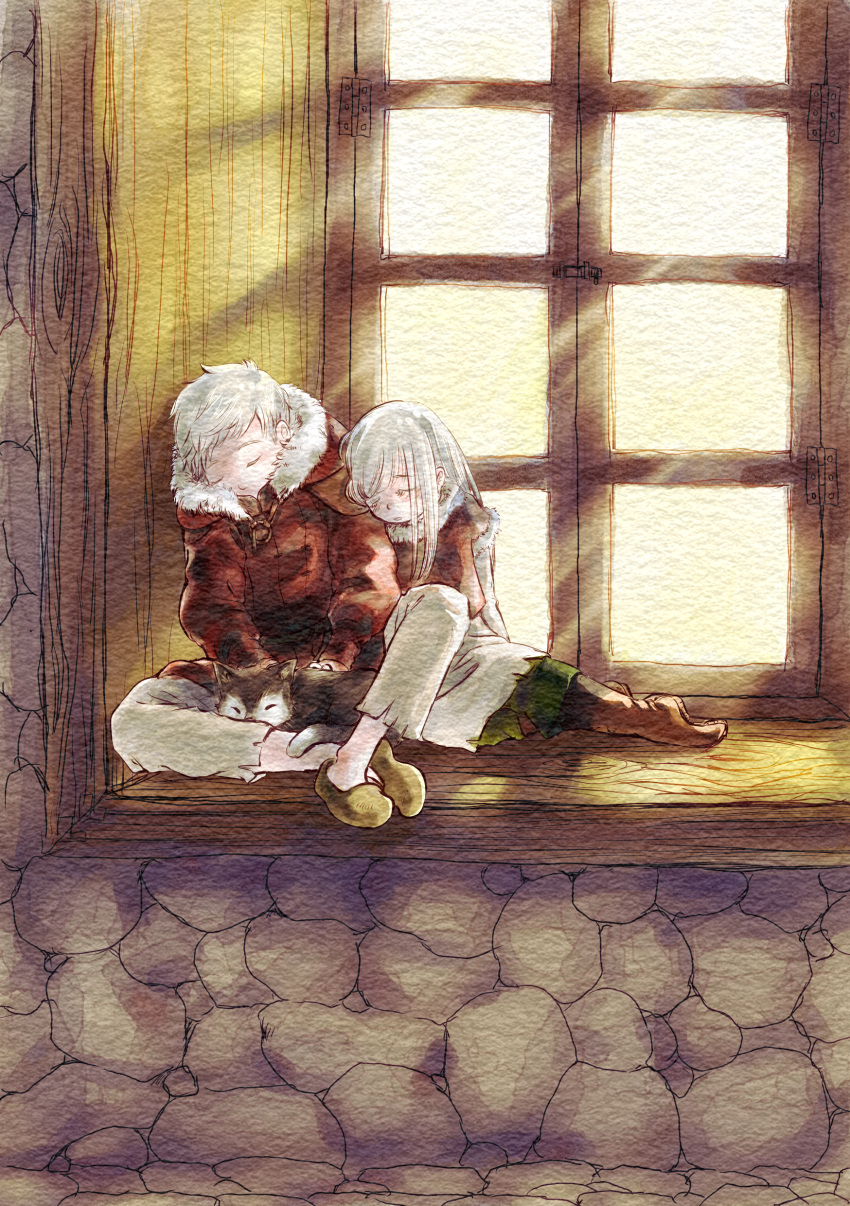 1boy 1girl absurdres animal brother_and_sister child dog dress dungeon_meshi falin_thorden fur_trim grey_hair head_on_another's_shoulder highres hood hood_down hooded_coat indoors laios_thorden leaning_on_person long_sleeves pants siblings sitting sleeping sleeping_upright sunlight window windowsill younger zukka