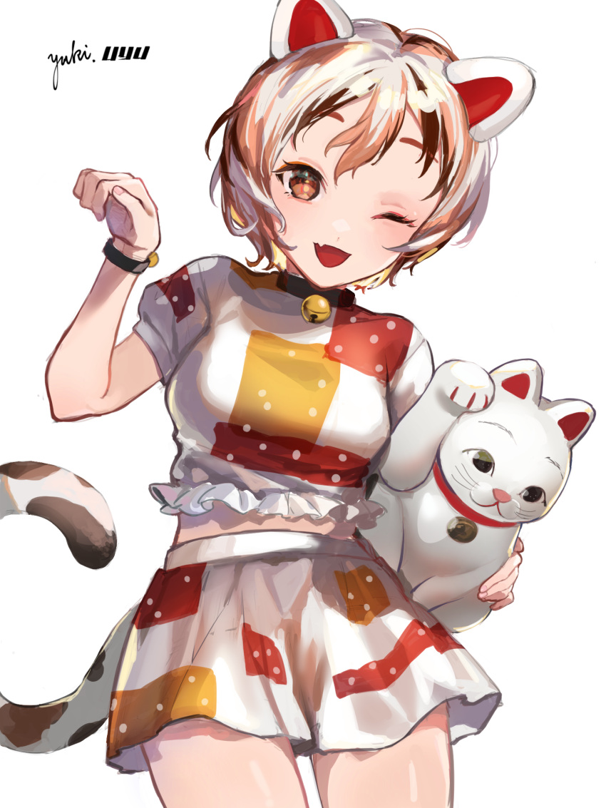 1girl animal_ears bangs bell breasts calico cat_ears cat_girl cat_tail crop_top fang goutokuji_mike highres jingle_bell maneki-neko medium_breasts medium_skirt midriff multicolored_clothes multicolored_hair multicolored_shirt multicolored_skirt multicolored_tail neck_bell open_mouth orange_eyes patches patchwork_clothes paw_pose short_hair simple_background skirt streaked_hair tail touhou white_background white_hair yananana