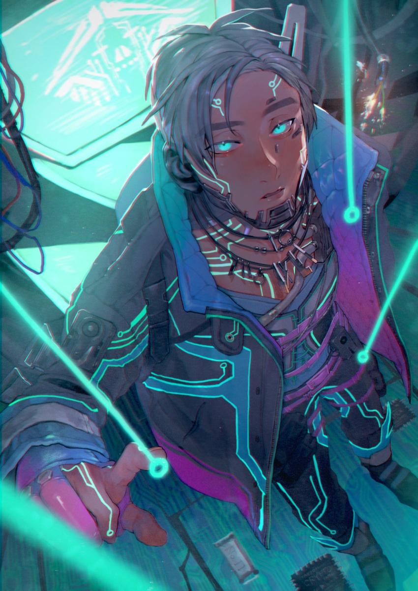 1boy apex_legends bangs black_jacket black_pants blue_eyes boots cable crypto_(apex_legends) cyberpunk expressionless from_above glowing glowing_eyes grey_footwear grey_vest highres jacket kawaniwa looking_up male_focus pants parted_lips pointing science_fiction silver_hair solo sparks vest