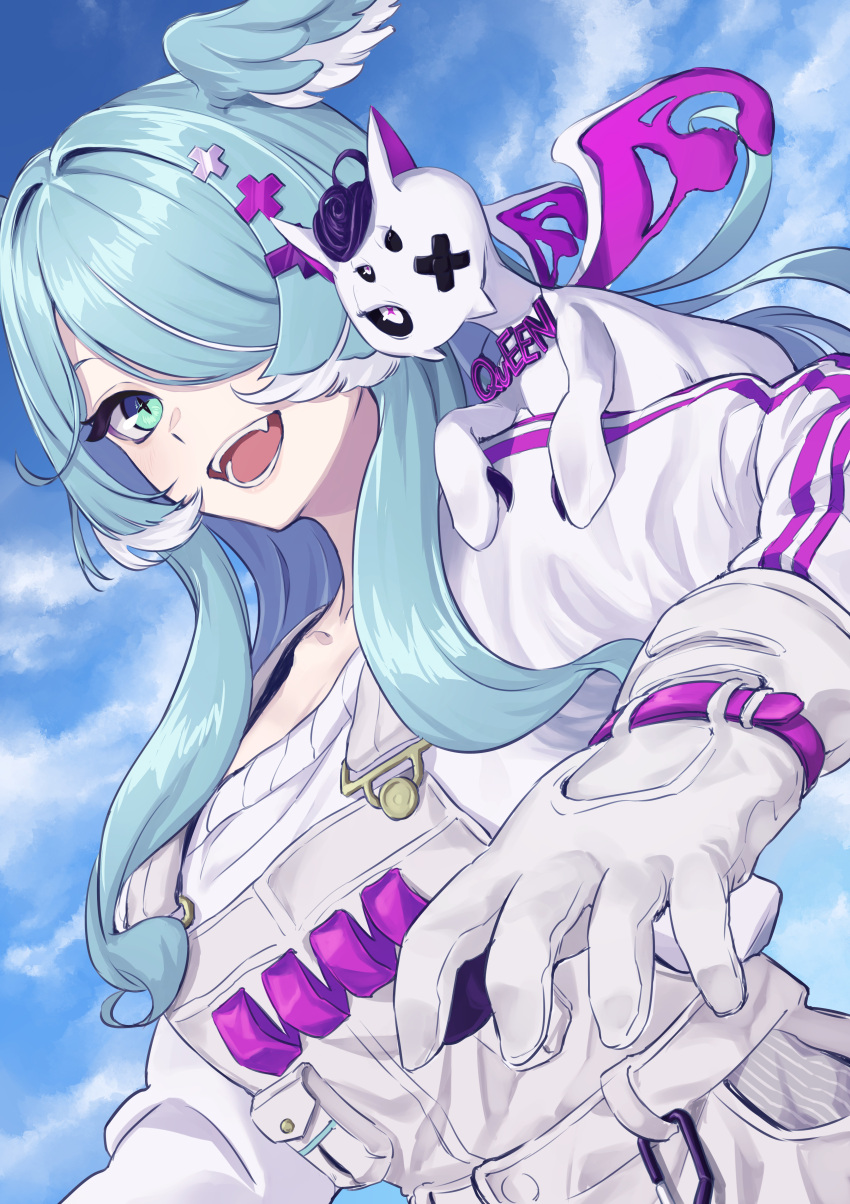 1girl absurdres blue_eyes blue_hair breasts cloud commentary dragon dragon_girl elira_pendora english_commentary fangs g9_(jiiku) gloves grey_gloves grey_overalls grey_sweater hair_ornament hair_over_one_eye hairclip head_wings highres long_hair looking_at_viewer medium_breasts multicolored_hair nijisanji nijisanji_en one_eye_covered open_mouth overalls pikl_(elira_pendora) sky slit_pupils smile sweater two-tone_hair upper_body virtual_youtuber white_hair