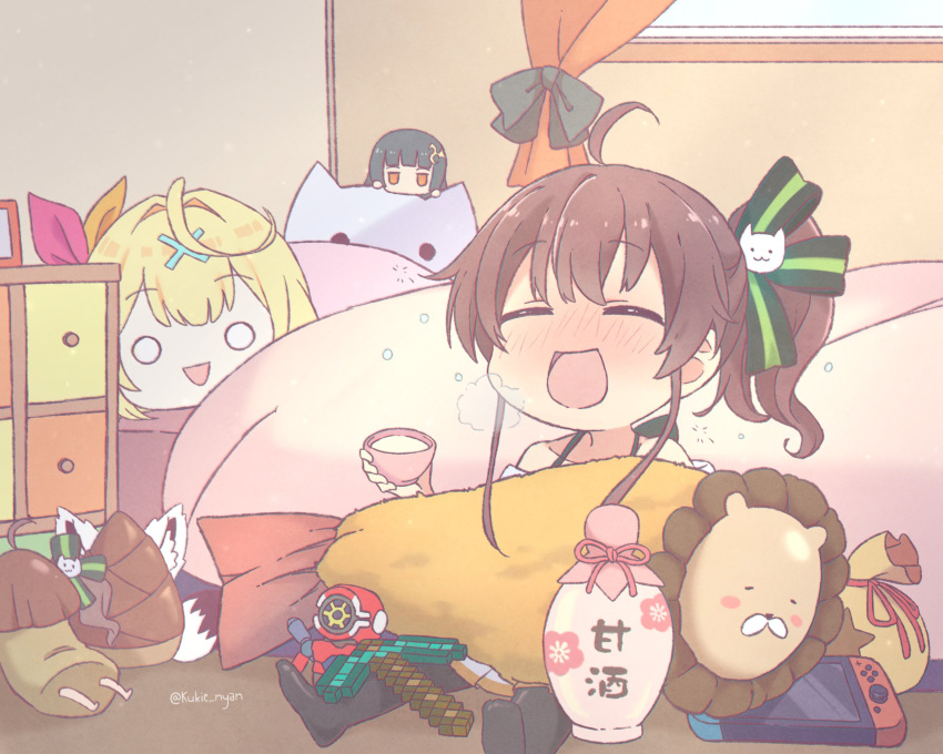 1girl :d apex_legends bamboo_shoot bed black_bow black_legwear blush bow brown_hair character_doll character_request closed_eyes commentary diamond_pickaxe drunk ebi_frion_(natsuiro_matsuri) english_commentary hair_ribbon handheld_game_console highres hololive hoshikawa_sara indoors kukie-nyan minecraft minecraft_pickaxe mixed-language_commentary natsuiro_matsuri nijisanji nintendo_switch on_ground open_mouth oruyanke_(shirakami_fubuki) pantyhose pathfinder_(apex_legends) pickaxe ribbon sitting smile solo tokkuri virtual_youtuber