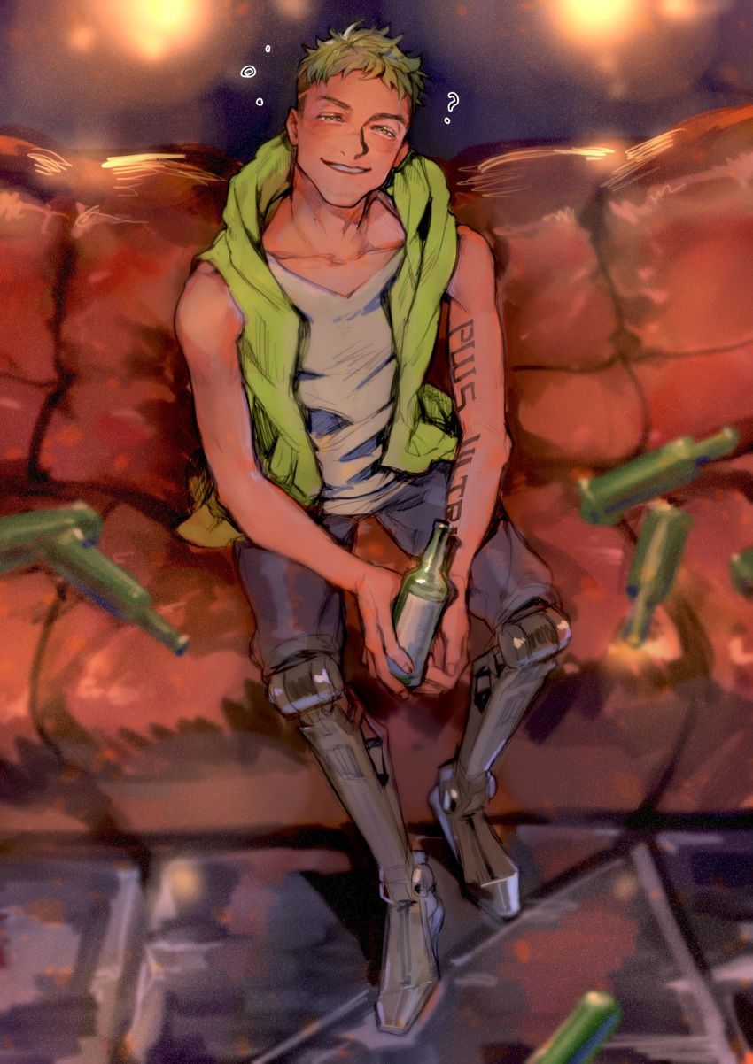 1boy ? apex_legends bottle collarbone couch green_eyes green_hair green_hoodie grey_shirt grey_shorts half-closed_eyes highres holding holding_bottle hood hoodie kawaniwa male_focus mechanical_legs octane_(apex_legends) shirt shorts sitting sleeveless sleeveless_hoodie sleeveless_shirt smile solo